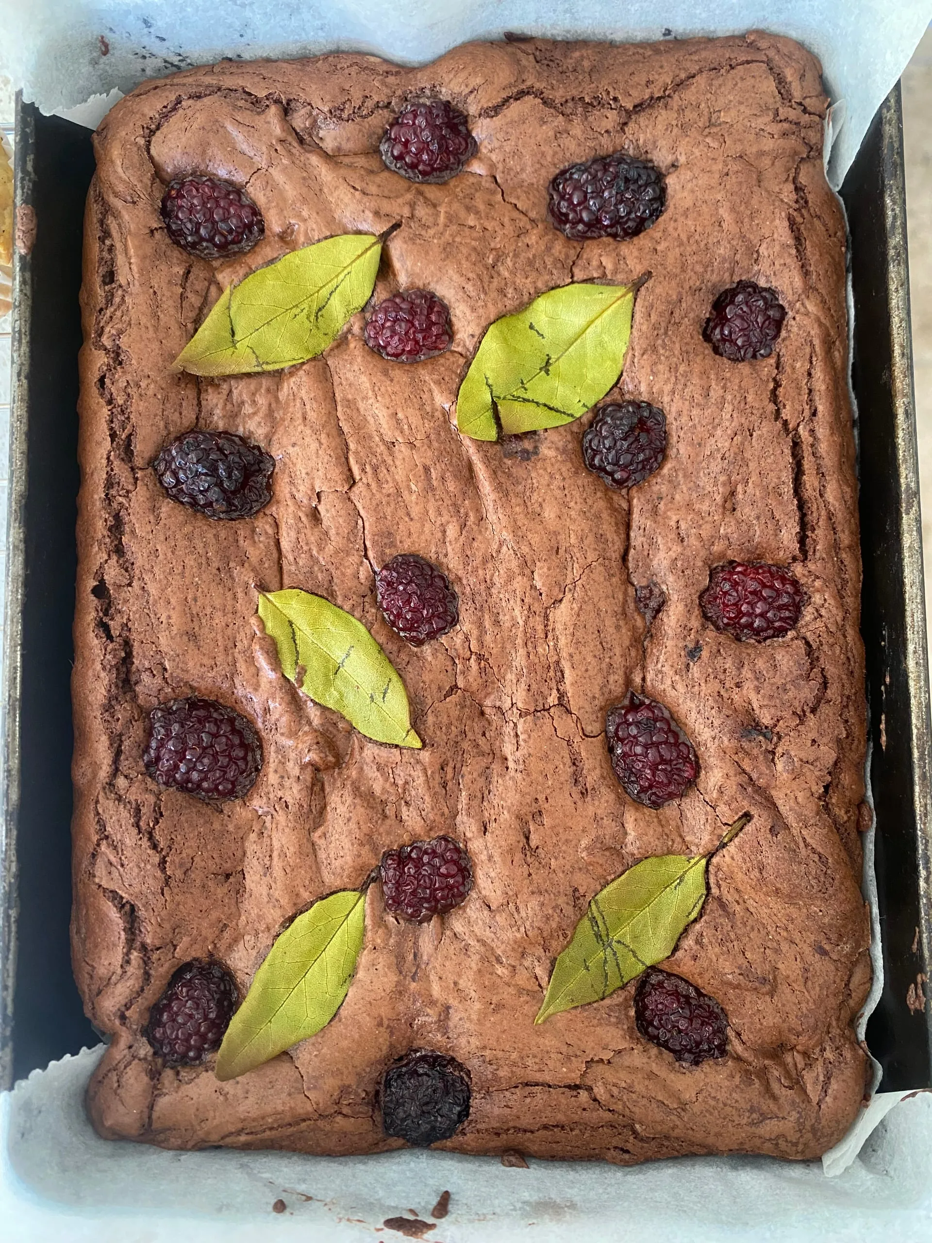A chocolate cake baked with blackberries and bay leaves pressed into the top