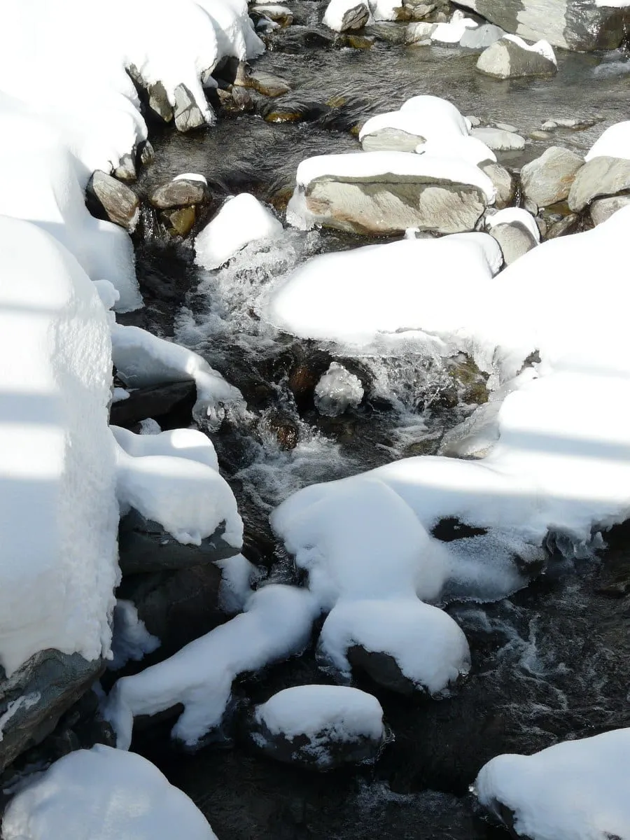 A stream running through the snow